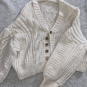 Cream/Off-White Cable Knit Cardigan with Puffy Sleeves
